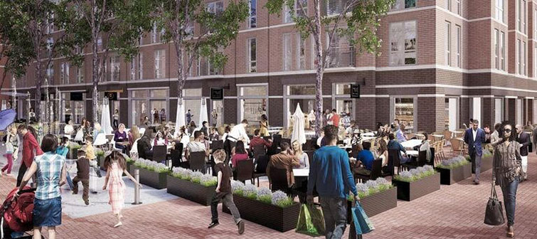 A rendering of a crowd in an open public space/dining patio area