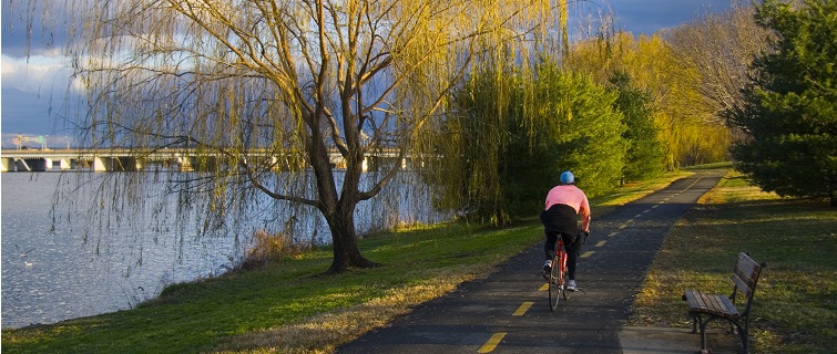 Cyclist pedaling down bike trail next to the Potomac at dawn